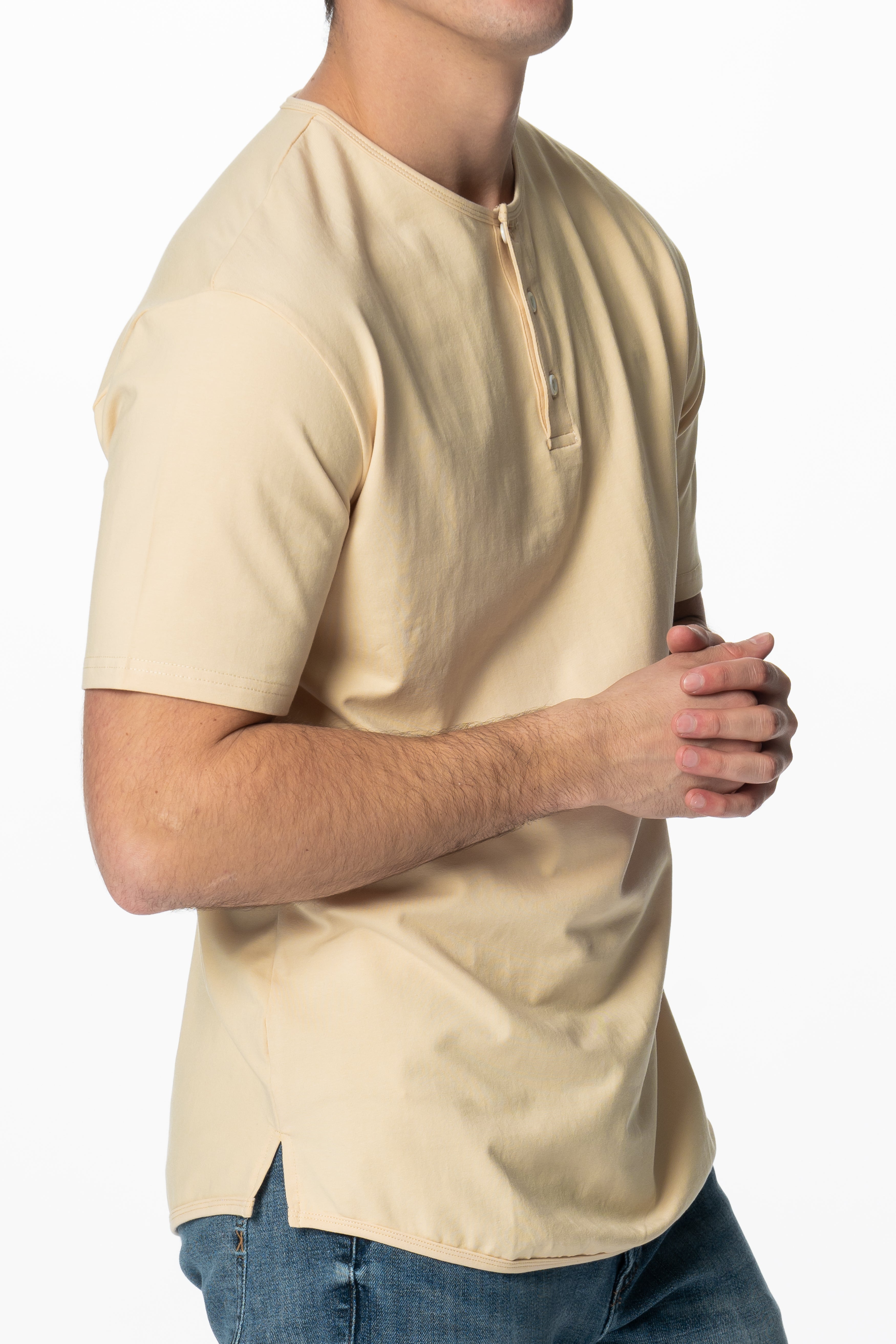 Curve-Split Henley T-Shirt: Sand - Rule Of Threads