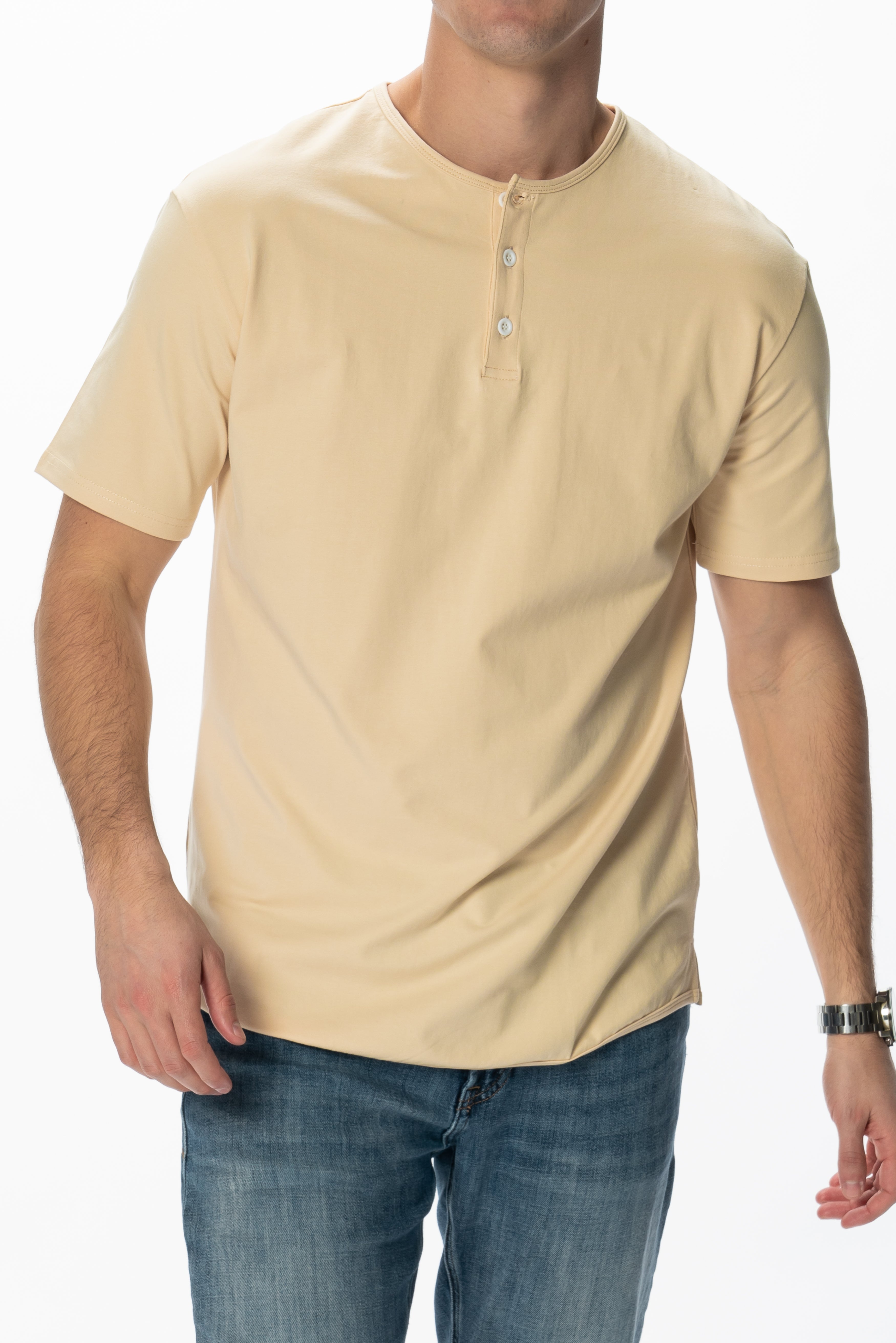 Curve-Split Henley T-Shirt: Coastal Blue