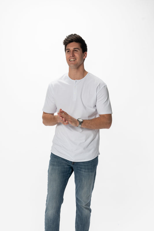 Curve-Split Henley T-Shirt: White - Rule Of Threads
