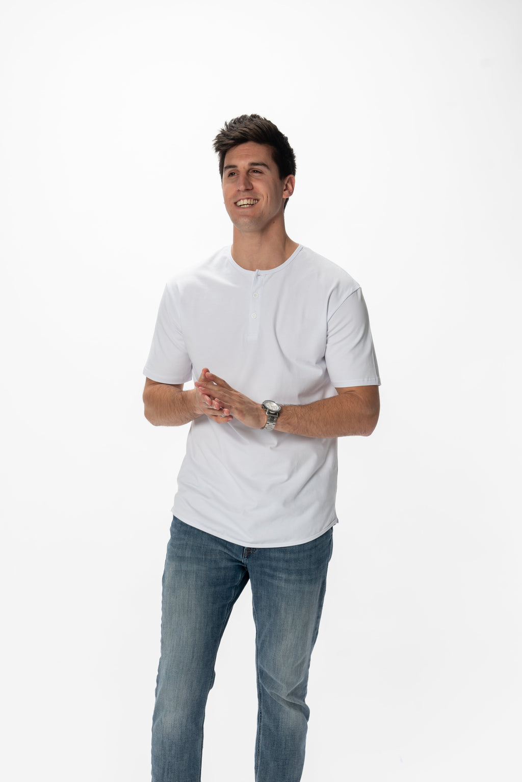 Curve-Split Henley T-Shirt: Coastal Blue