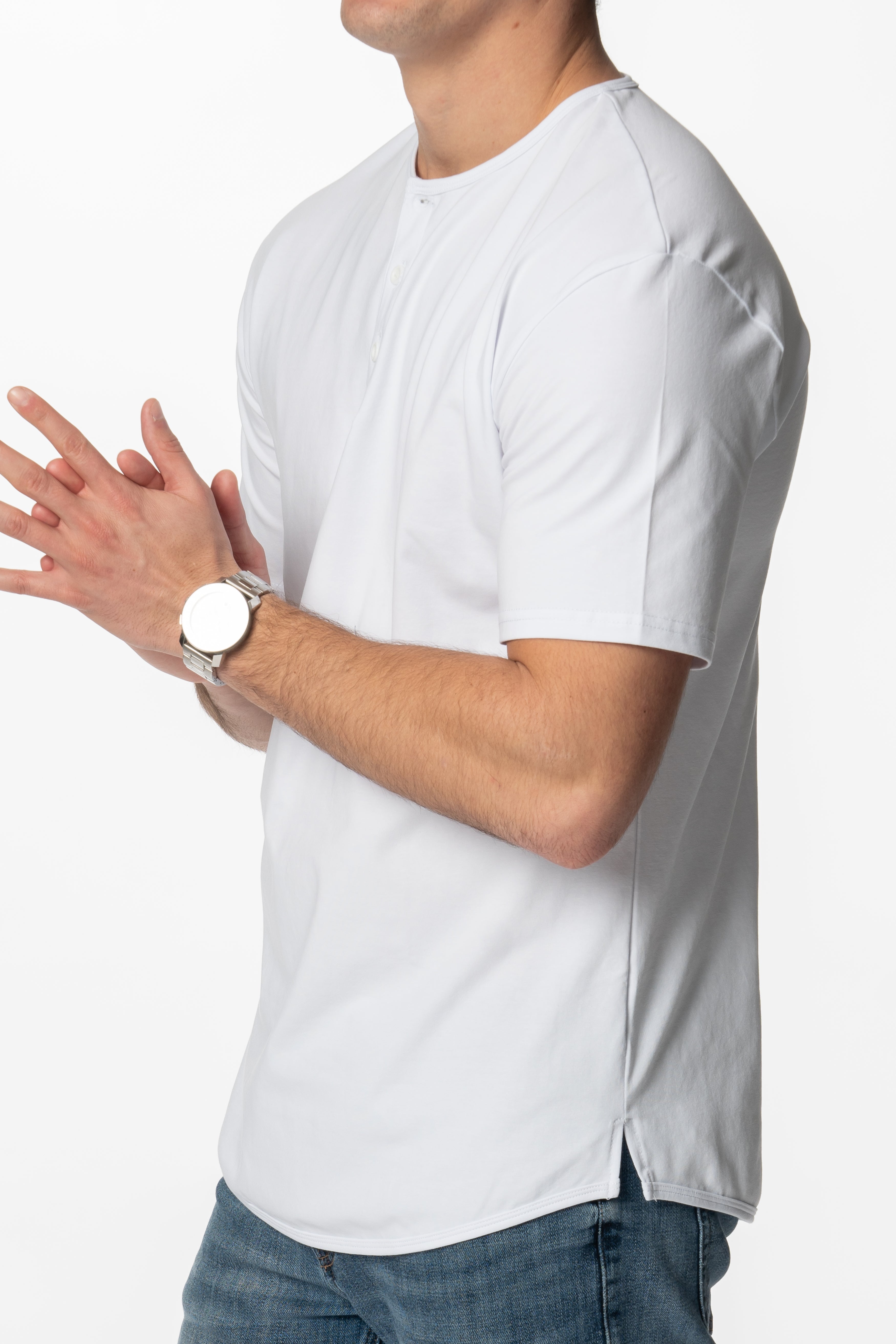 Curve-Split Henley T-Shirt: White - Rule Of Threads