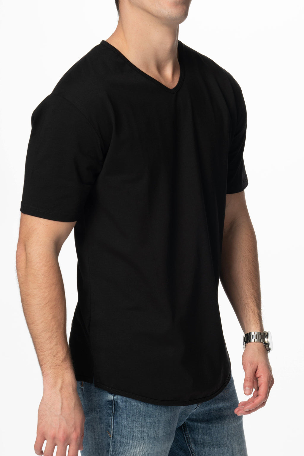 Curve-Split V-Neck T-Shirt: Khaki Green