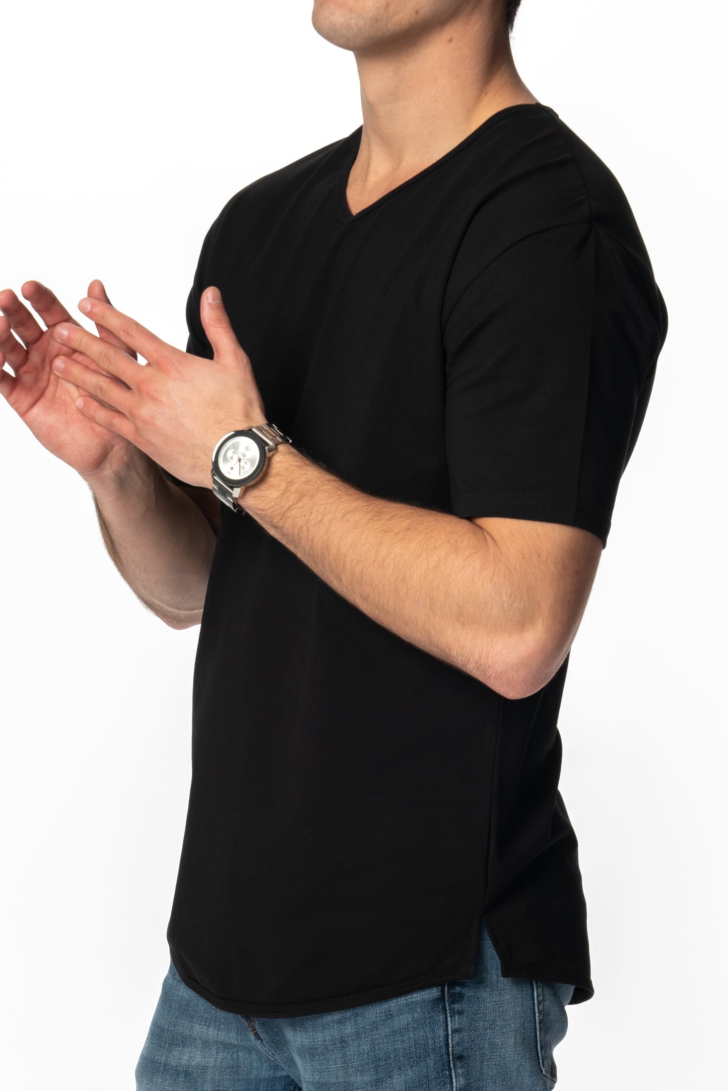 Curve-Split V-Neck T-Shirt: Charcoal Blue