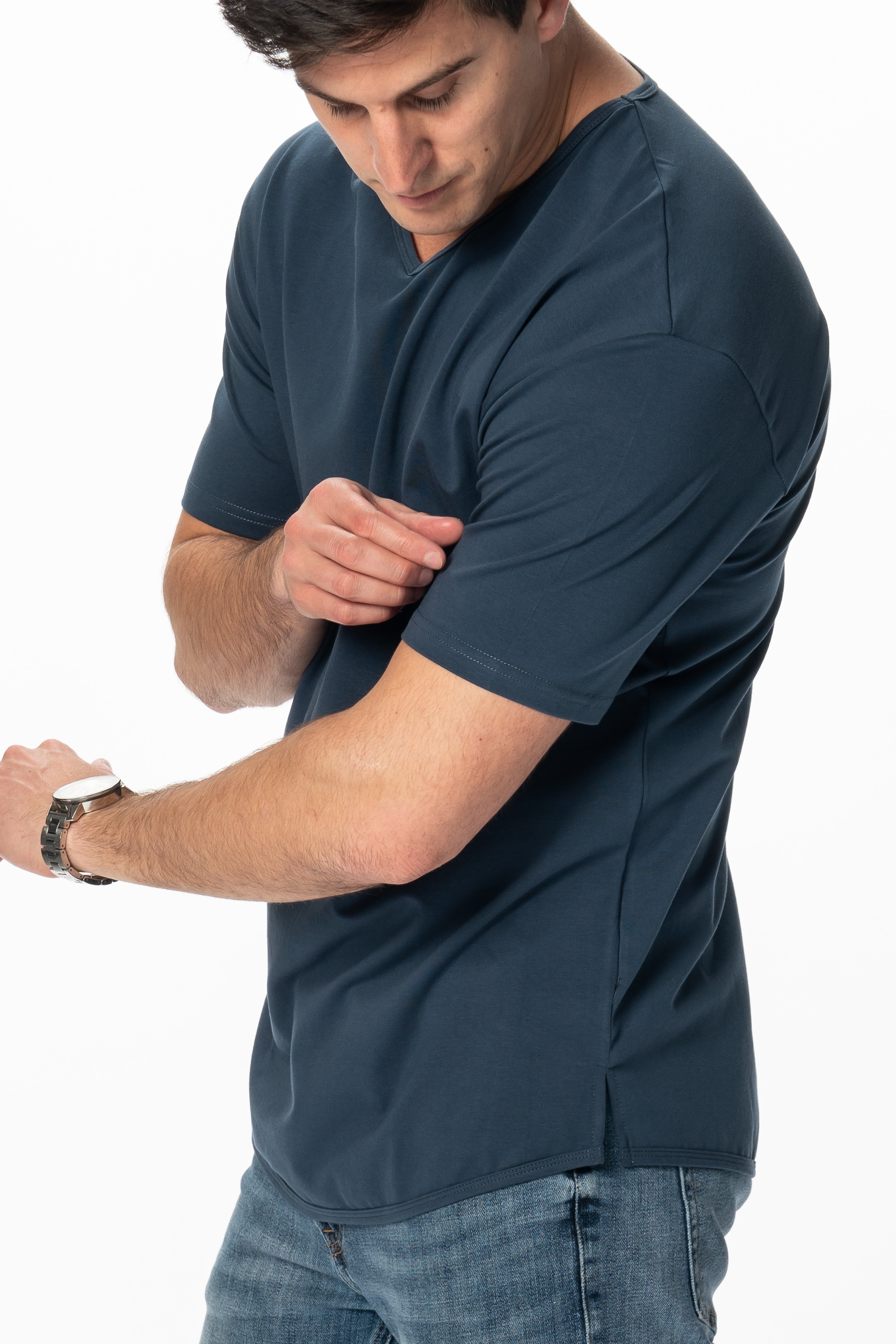 Curve-Split V-Neck T-Shirt: Charcoal Blue - Rule Of Threads