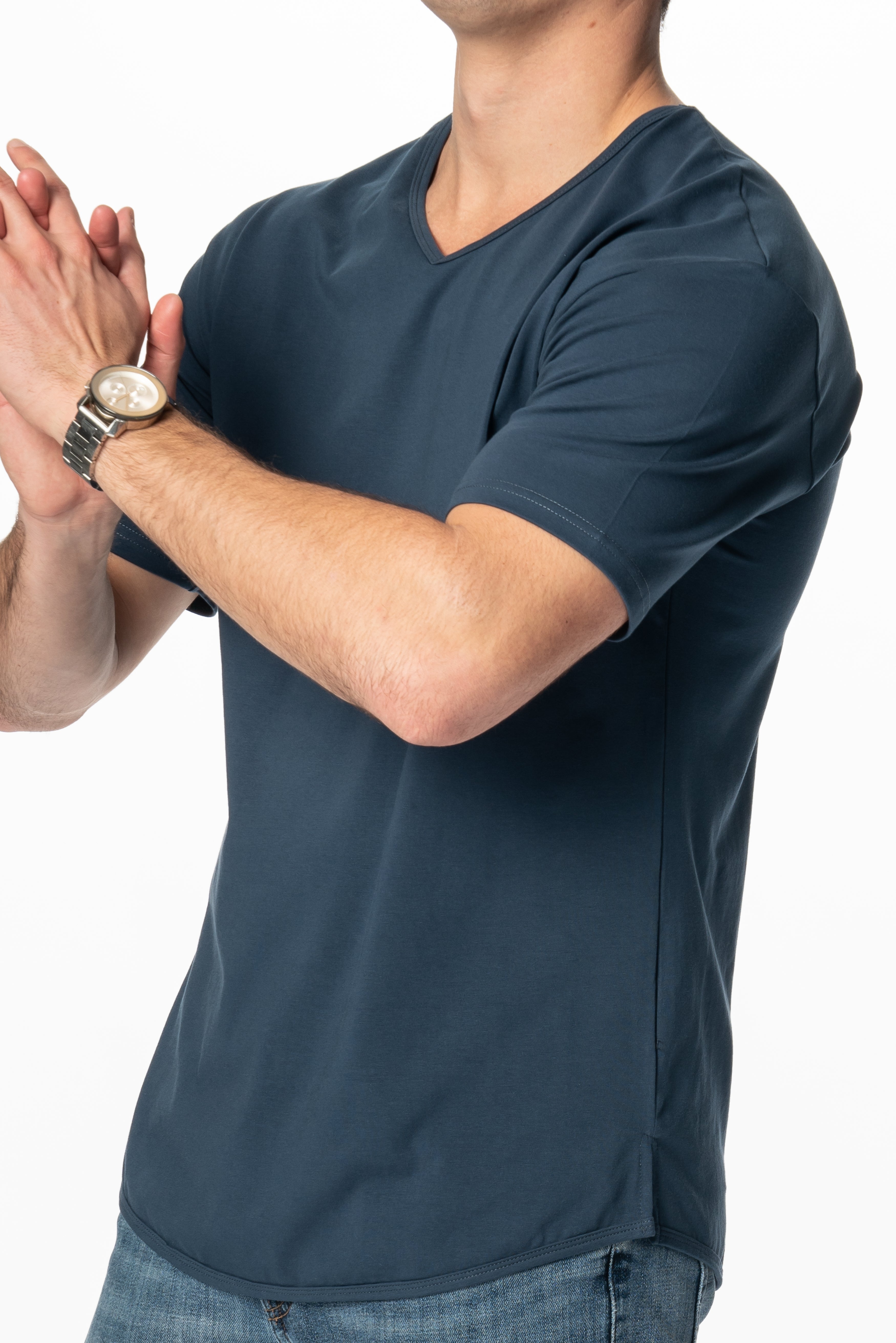 Curve-Split V-Neck T-Shirt: Coastal Blue