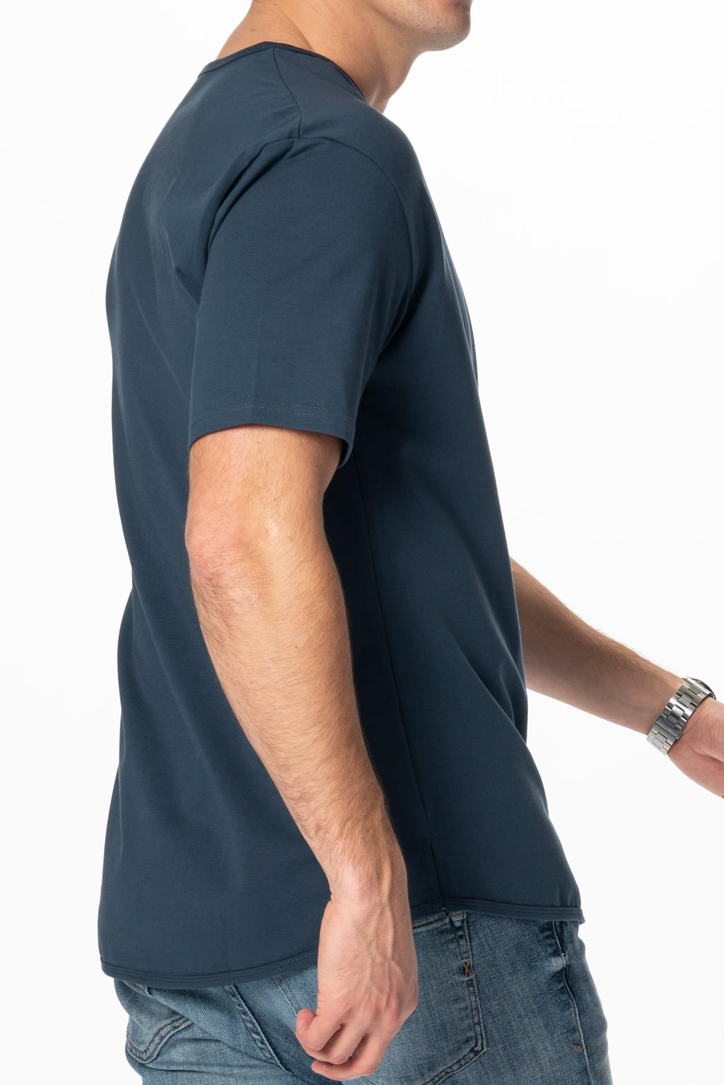 Curve-Split V-Neck T-Shirt: Charcoal Blue - Rule Of Threads