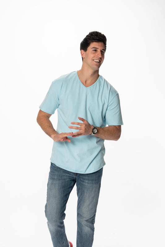 Curve-Split V-Neck T-Shirt: Coastal Blue - Rule Of Threads
