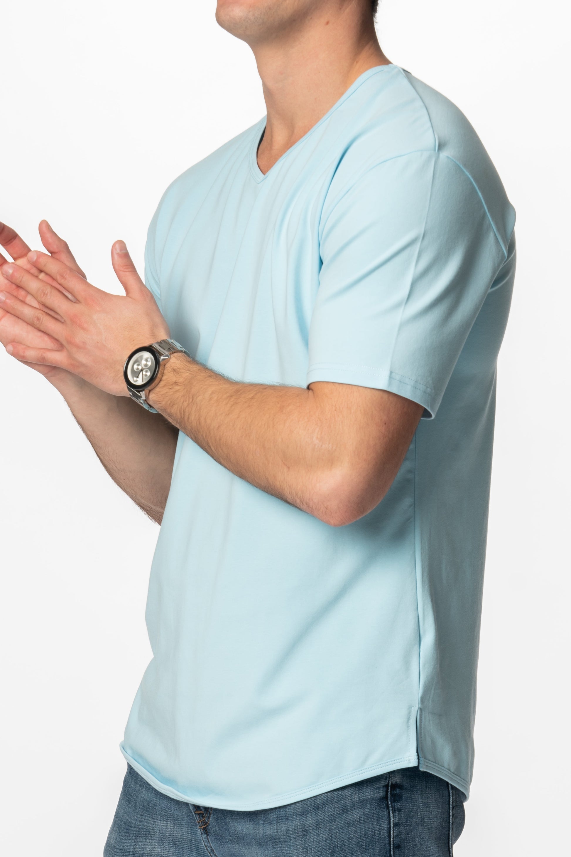 Curve-Split V-Neck T-Shirt: Coastal Blue - Rule Of Threads