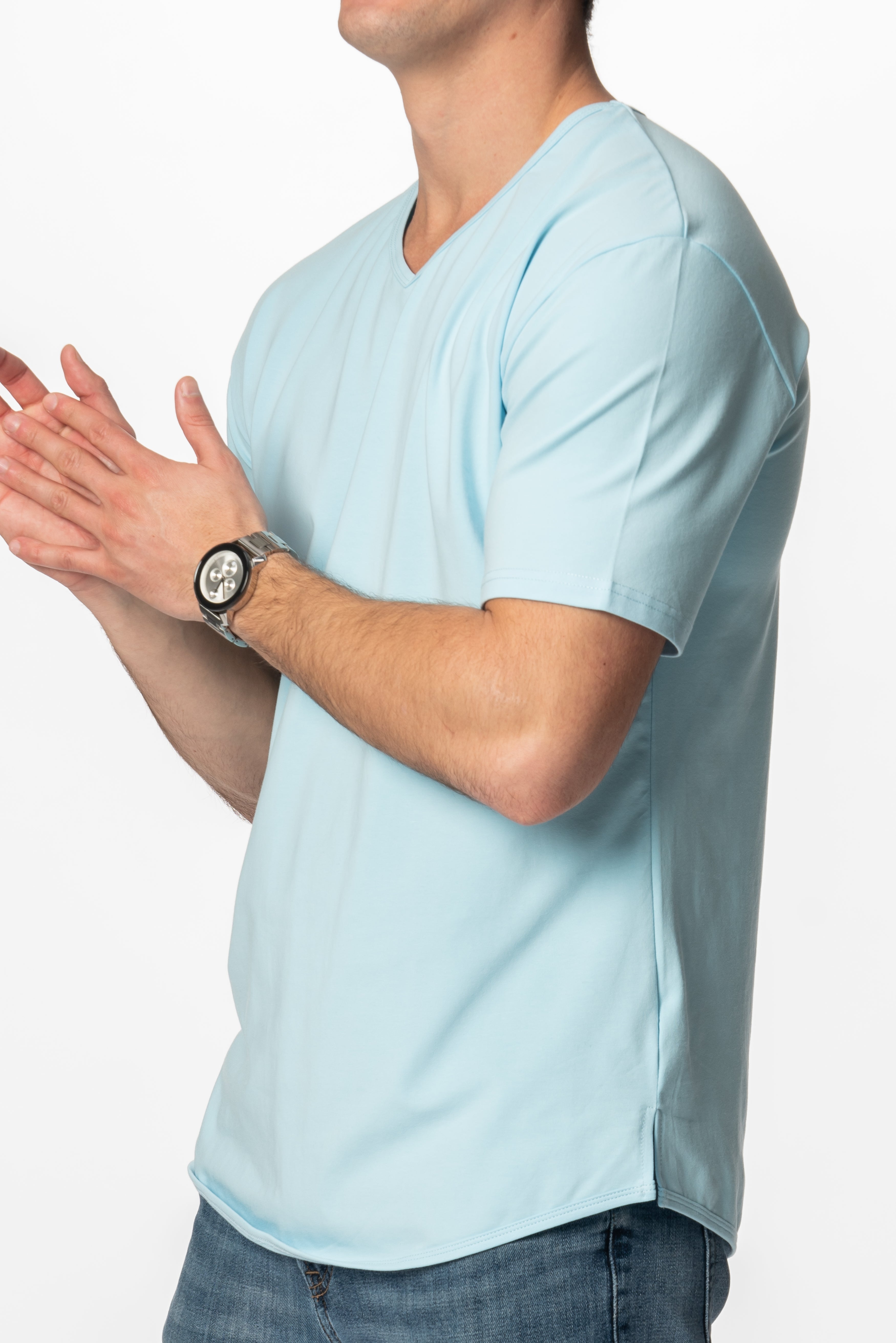 Curve-Split V-Neck T-Shirt: Coastal Blue - Rule Of Threads