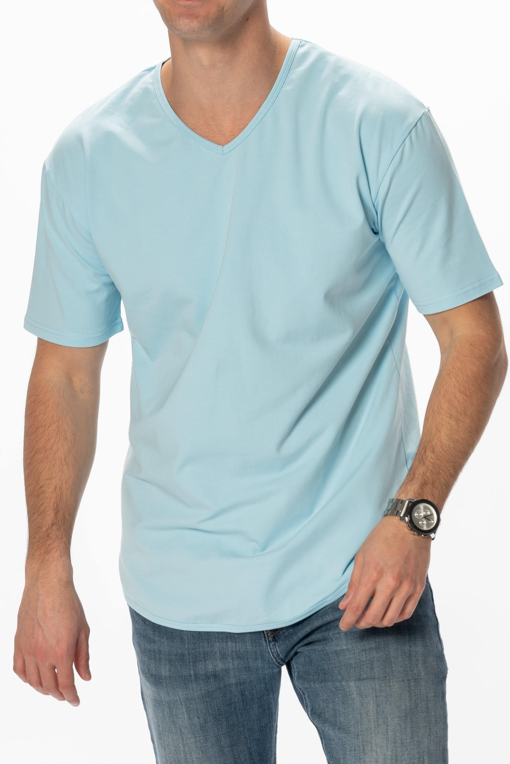 Curve-Split V-Neck T-Shirt: Coastal Blue - Rule Of Threads