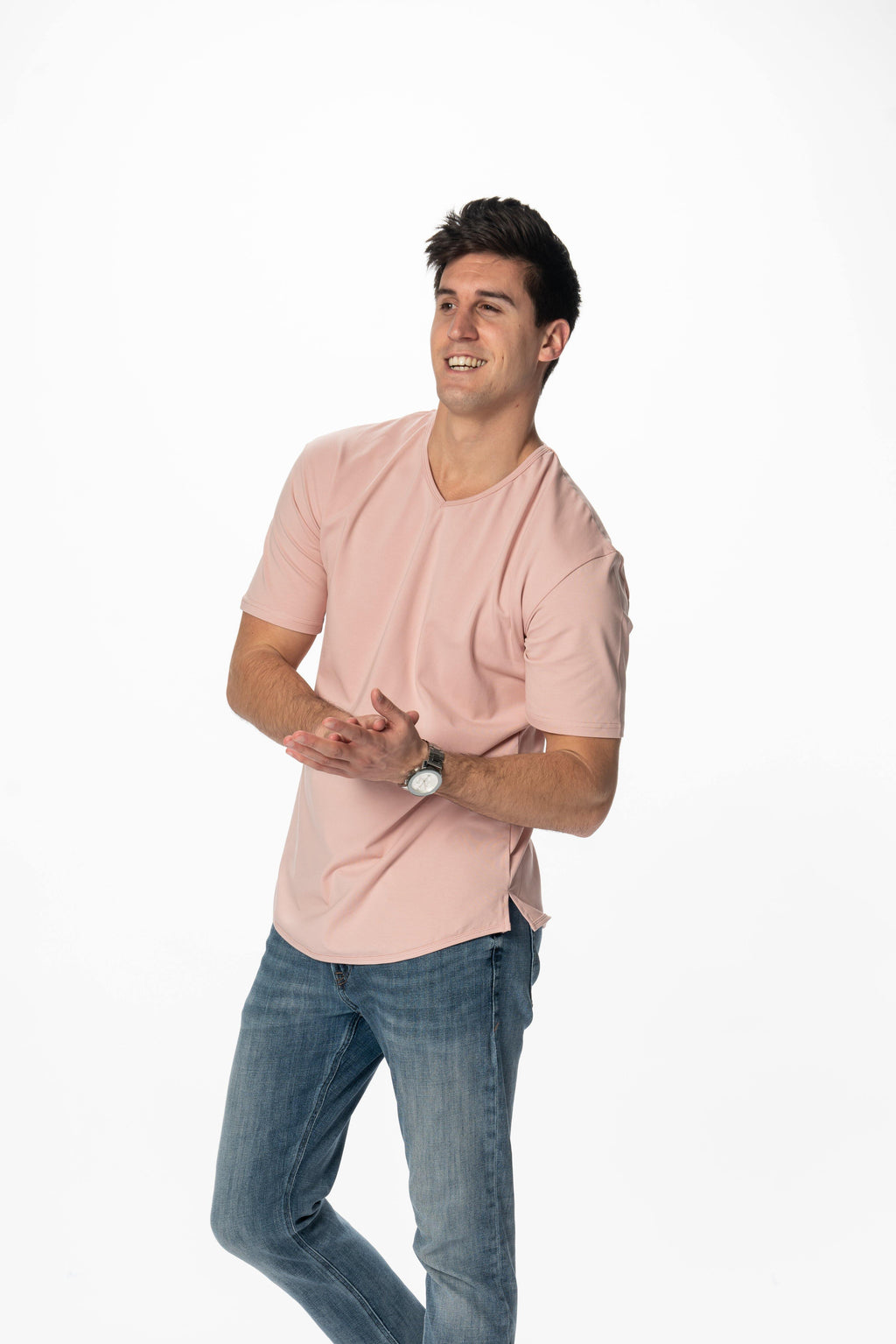 Curve-Split V-Neck T-Shirt: Khaki Green