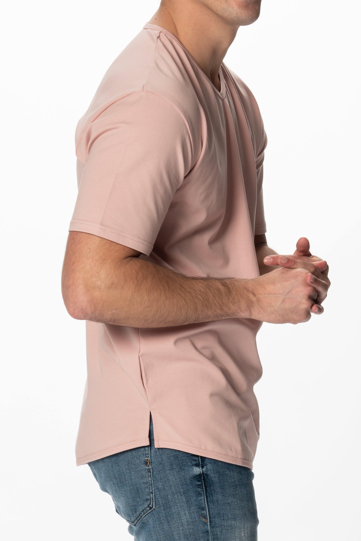 Curve-Split V-Neck T-Shirt: Coral Pink - Rule Of Threads