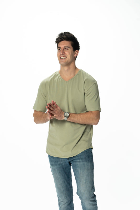 Curve-Split V-Neck T-Shirt: Khaki Green - Rule Of Threads
