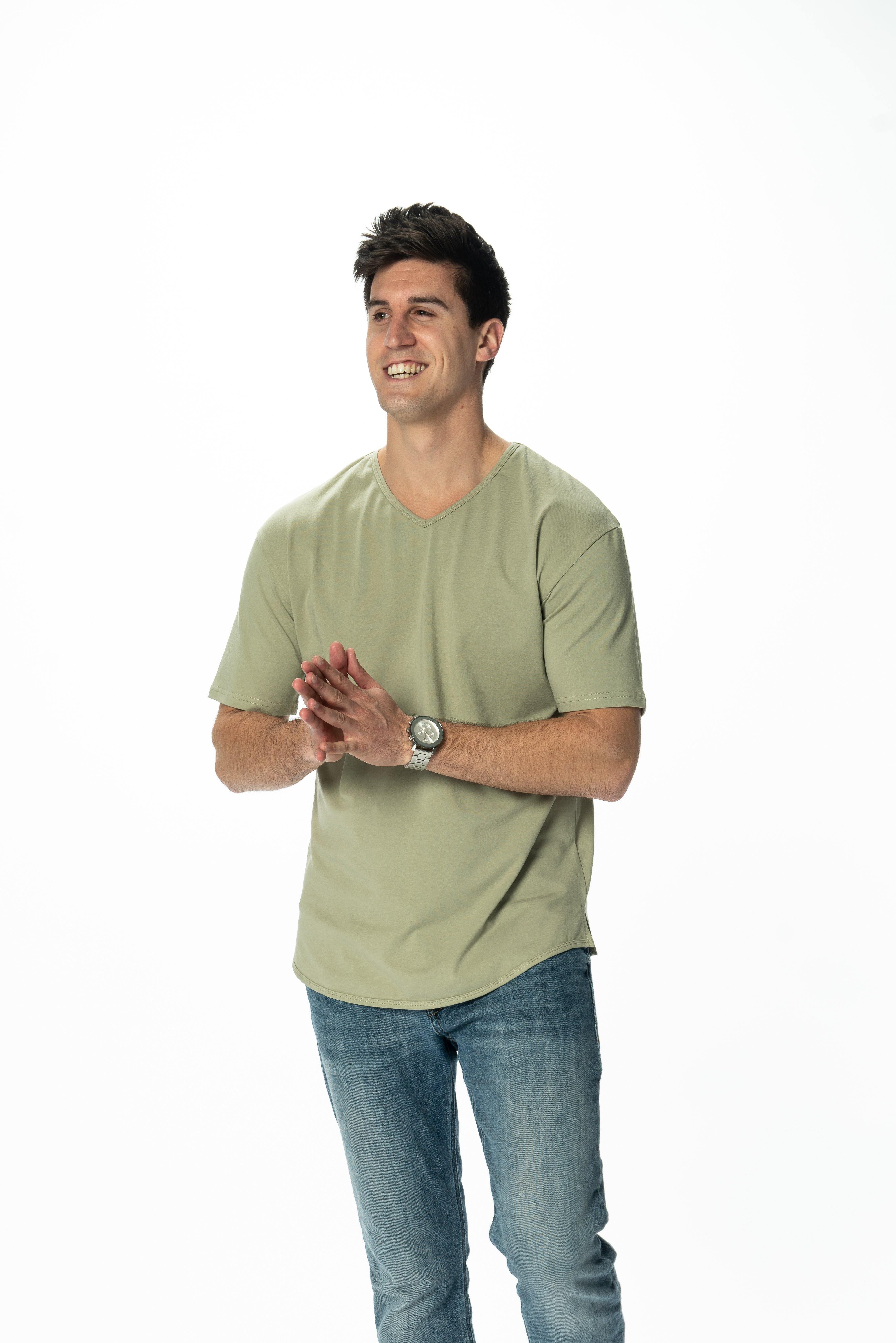 Curve-Split V-Neck T-Shirt: Charcoal Blue