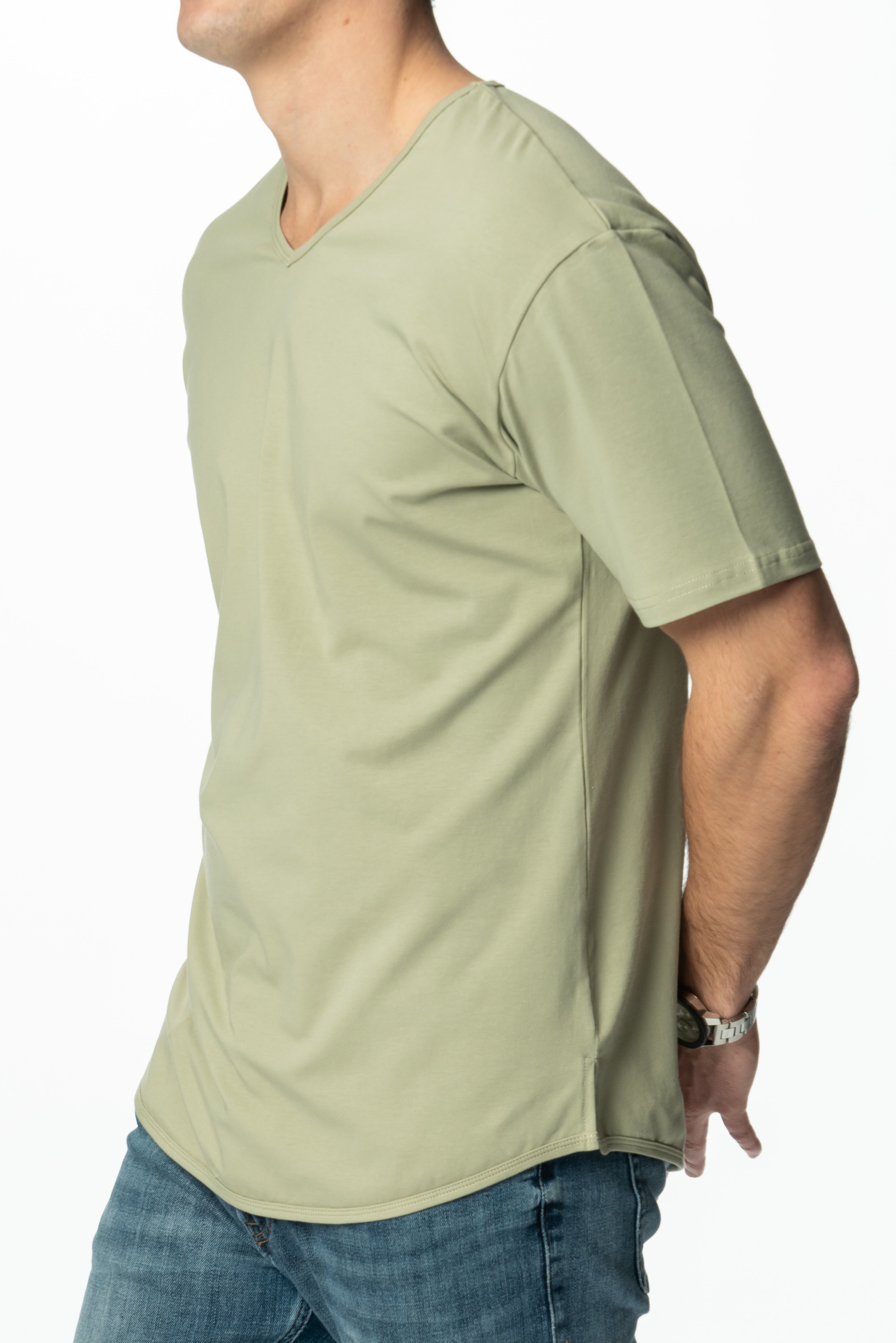 Curve-Split V-Neck T-Shirt: Khaki Green - Rule Of Threads