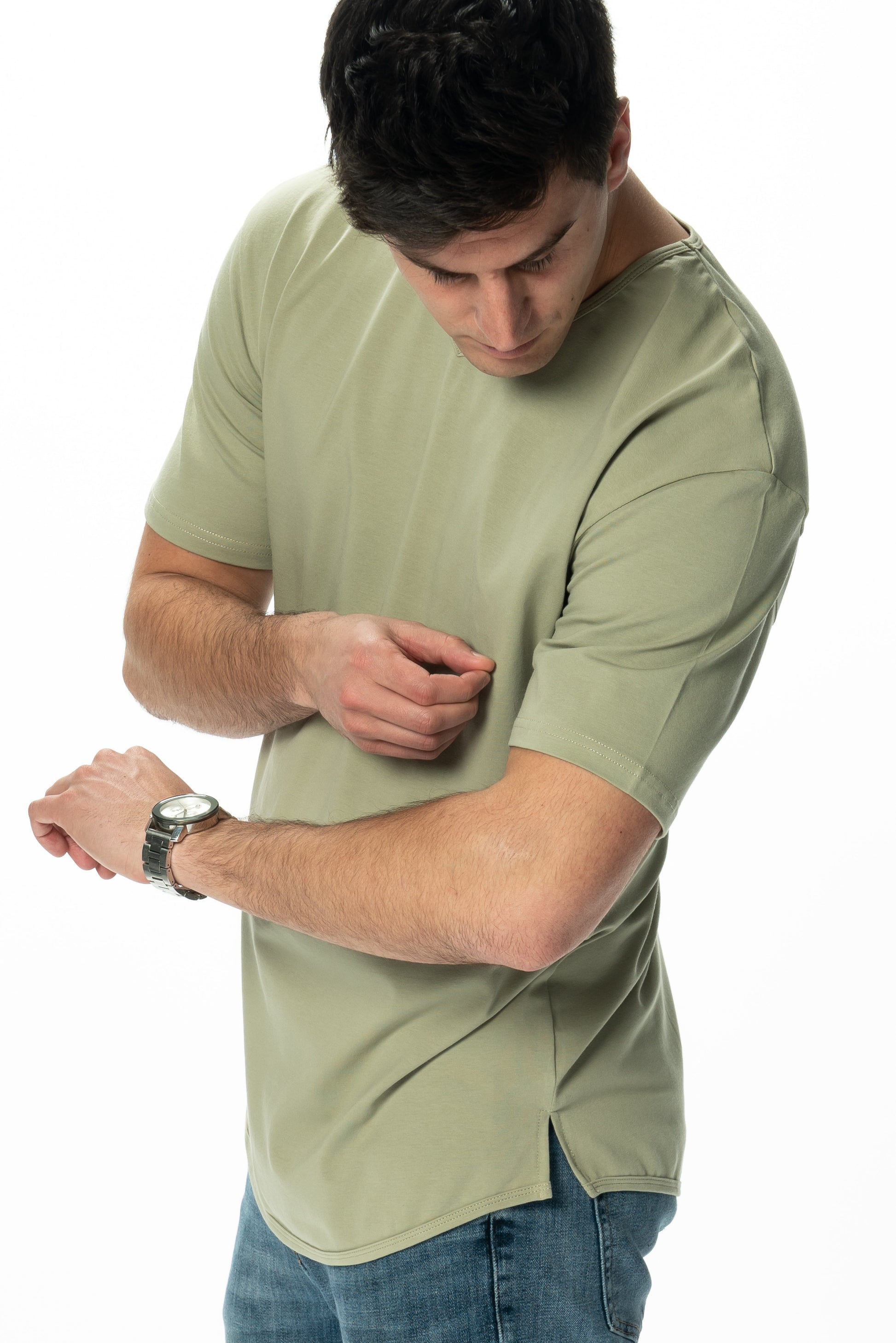 Curve-Split V-Neck T-Shirt: Khaki Green - Rule Of Threads