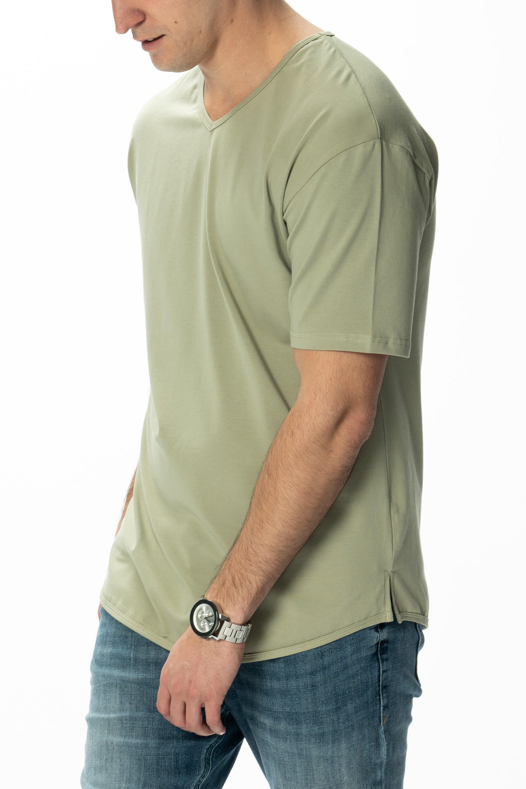 Curve-Split V-Neck T-Shirt: Khaki Green - Rule Of Threads