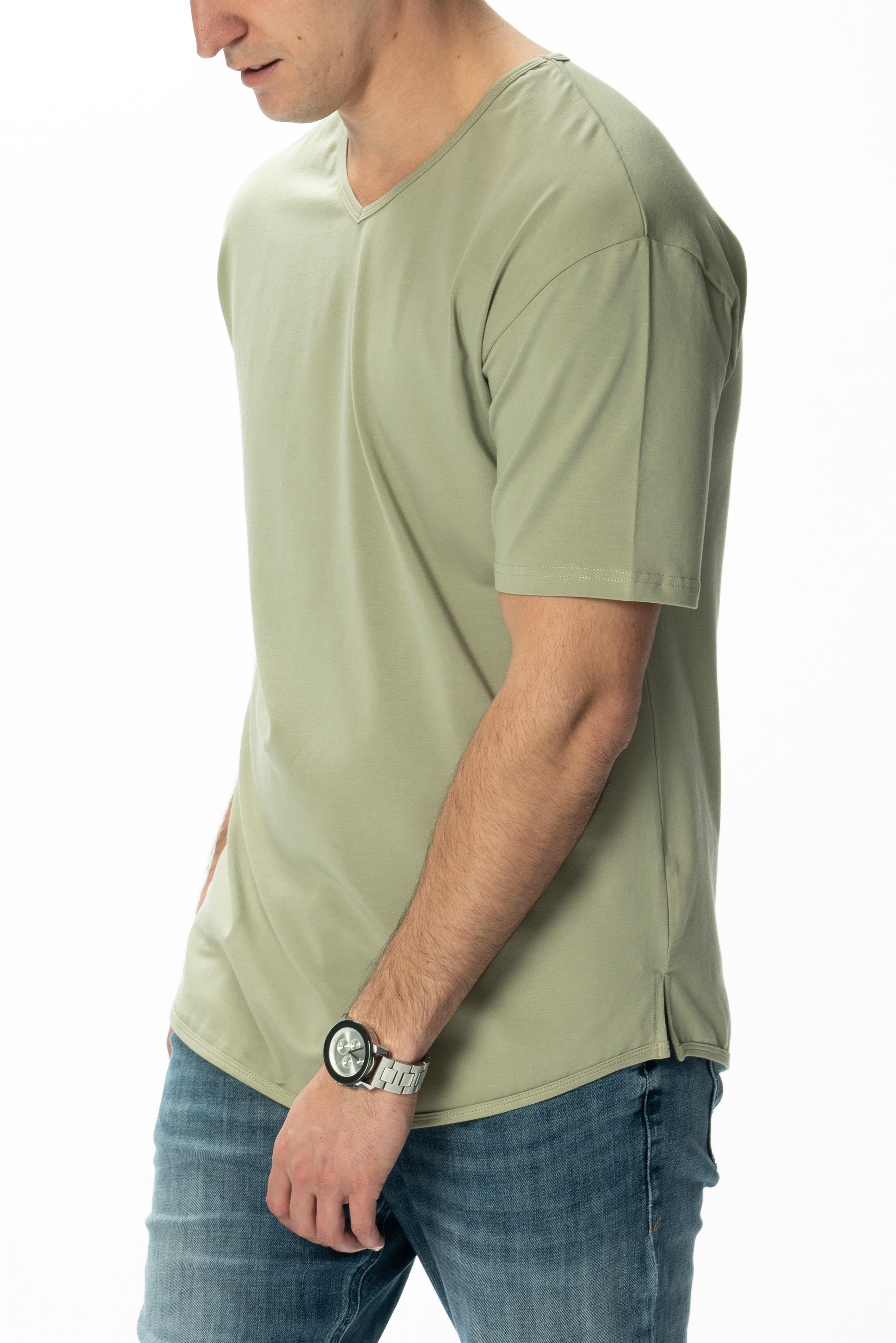 Curve-Split V-Neck T-Shirt: Khaki Green - Rule Of Threads