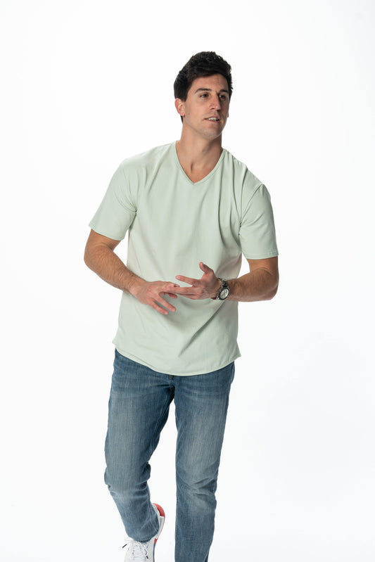 Curve-Split V-Neck T-Shirt: Mint Green - Rule Of Threads