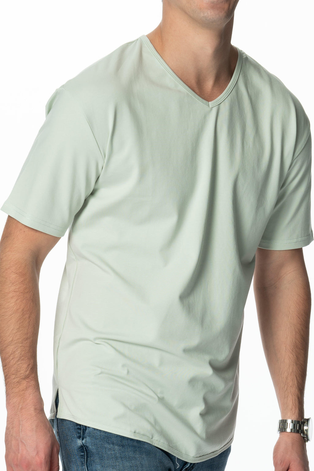 Curve-Split V-Neck T-Shirt: Mint Green - Rule Of Threads