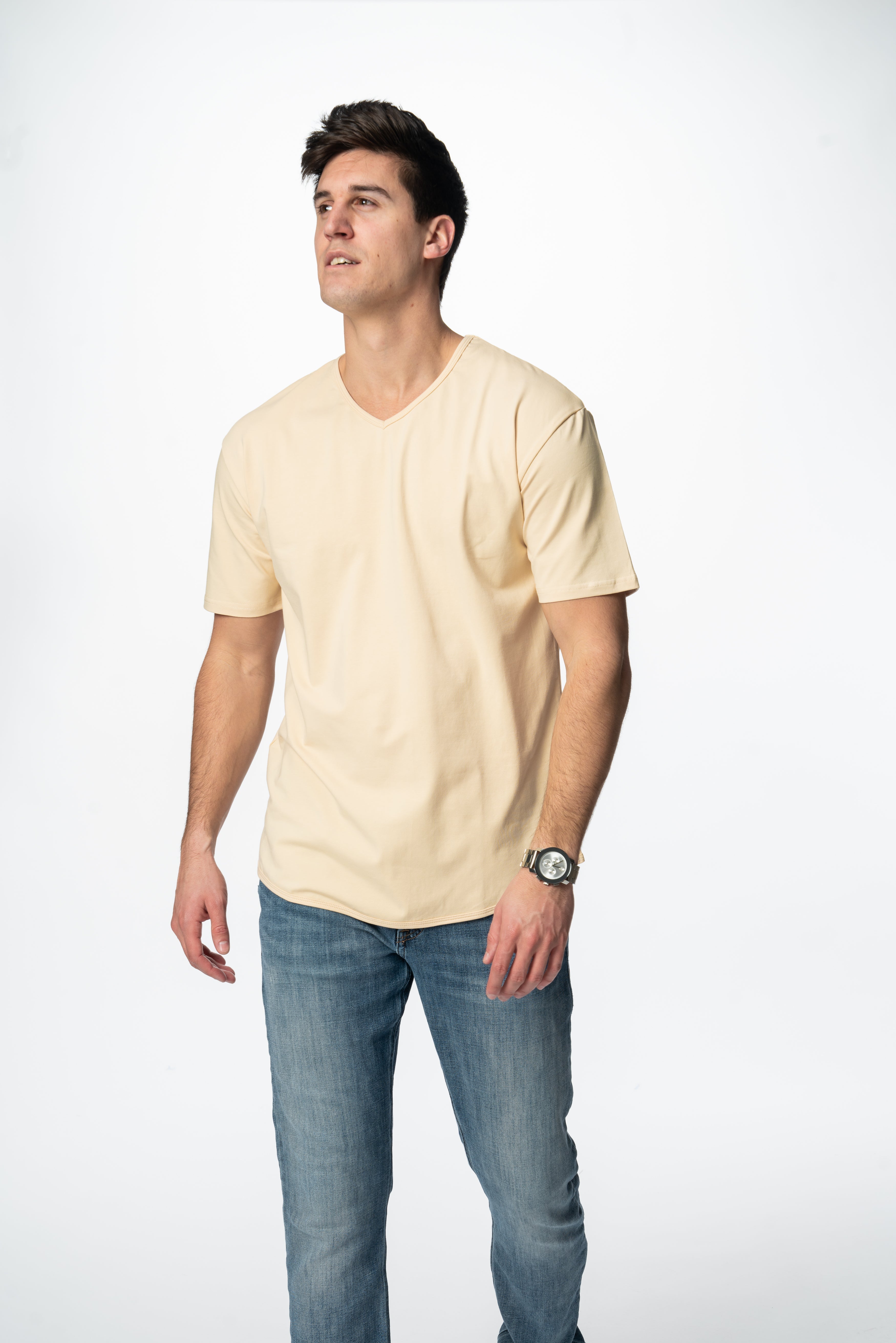 Curve-Split V-Neck T-Shirt: Khaki Green