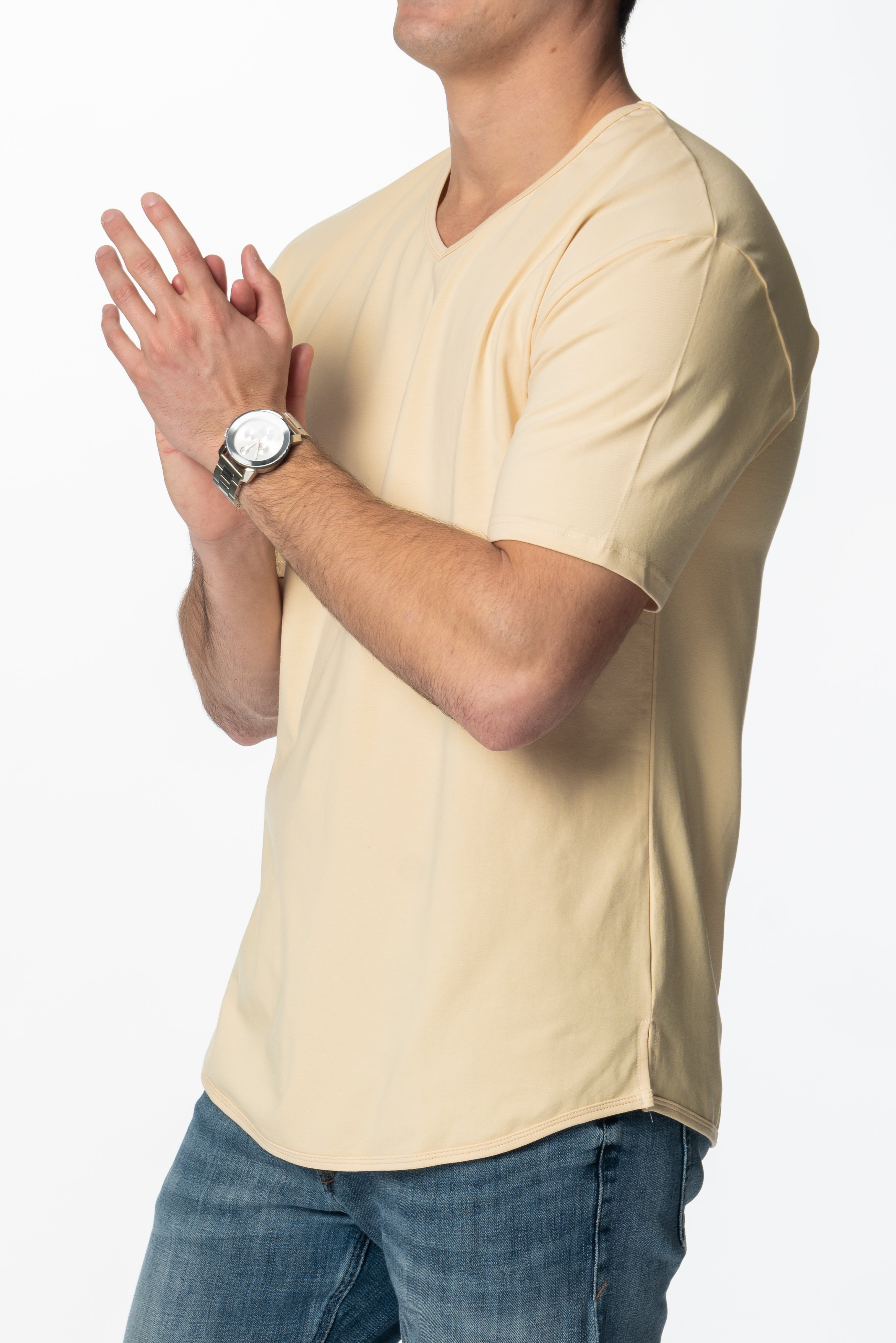 Curve-Split V-Neck T-Shirt: Sand - Rule Of Threads