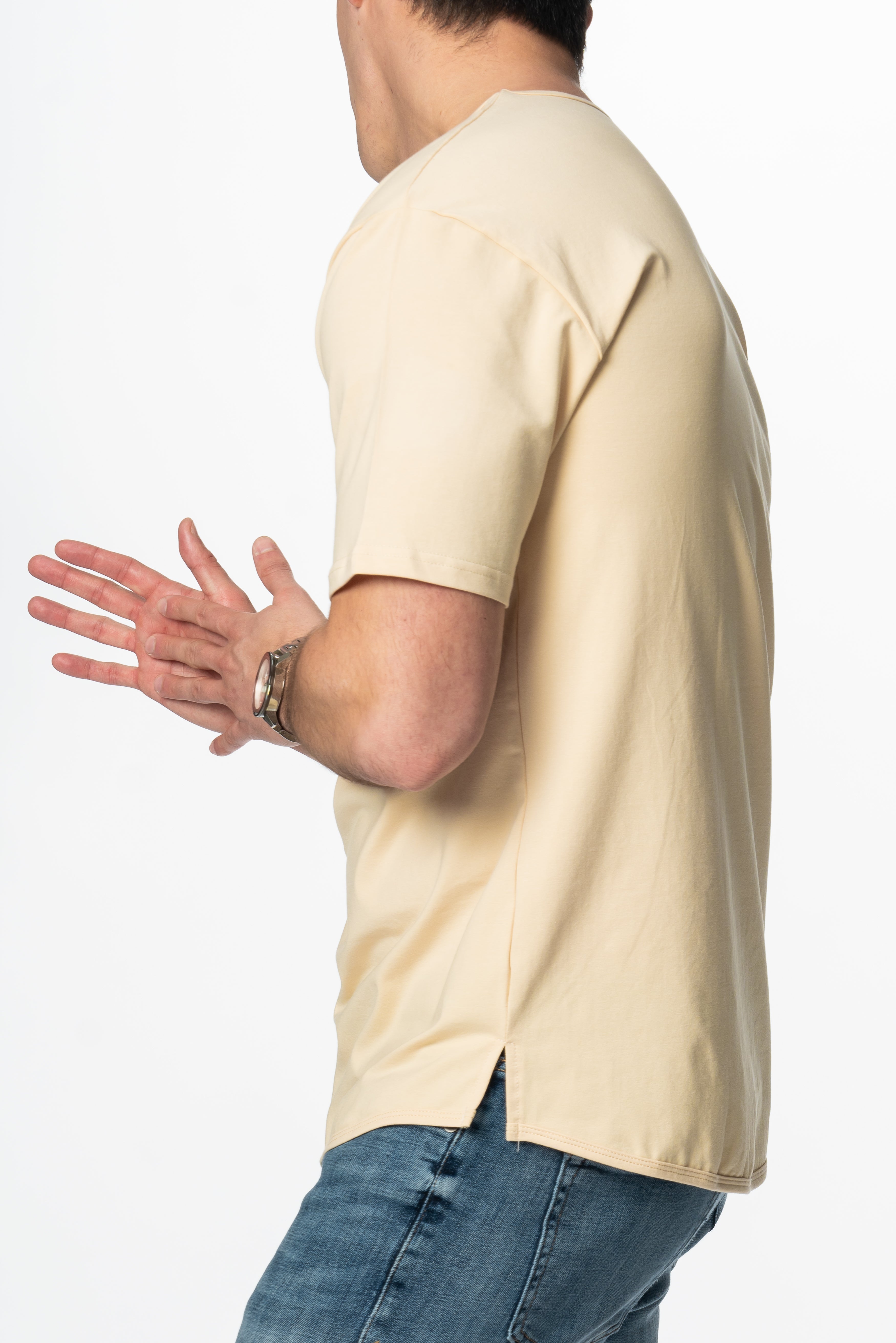 Curve-Split V-Neck T-Shirt: Sand - Rule Of Threads