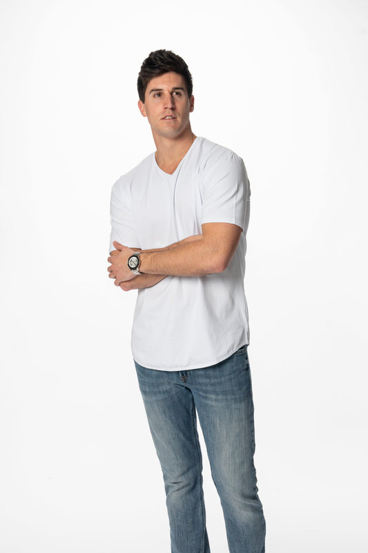 Curve-Split V-Neck T-Shirt: White - Rule Of Threads