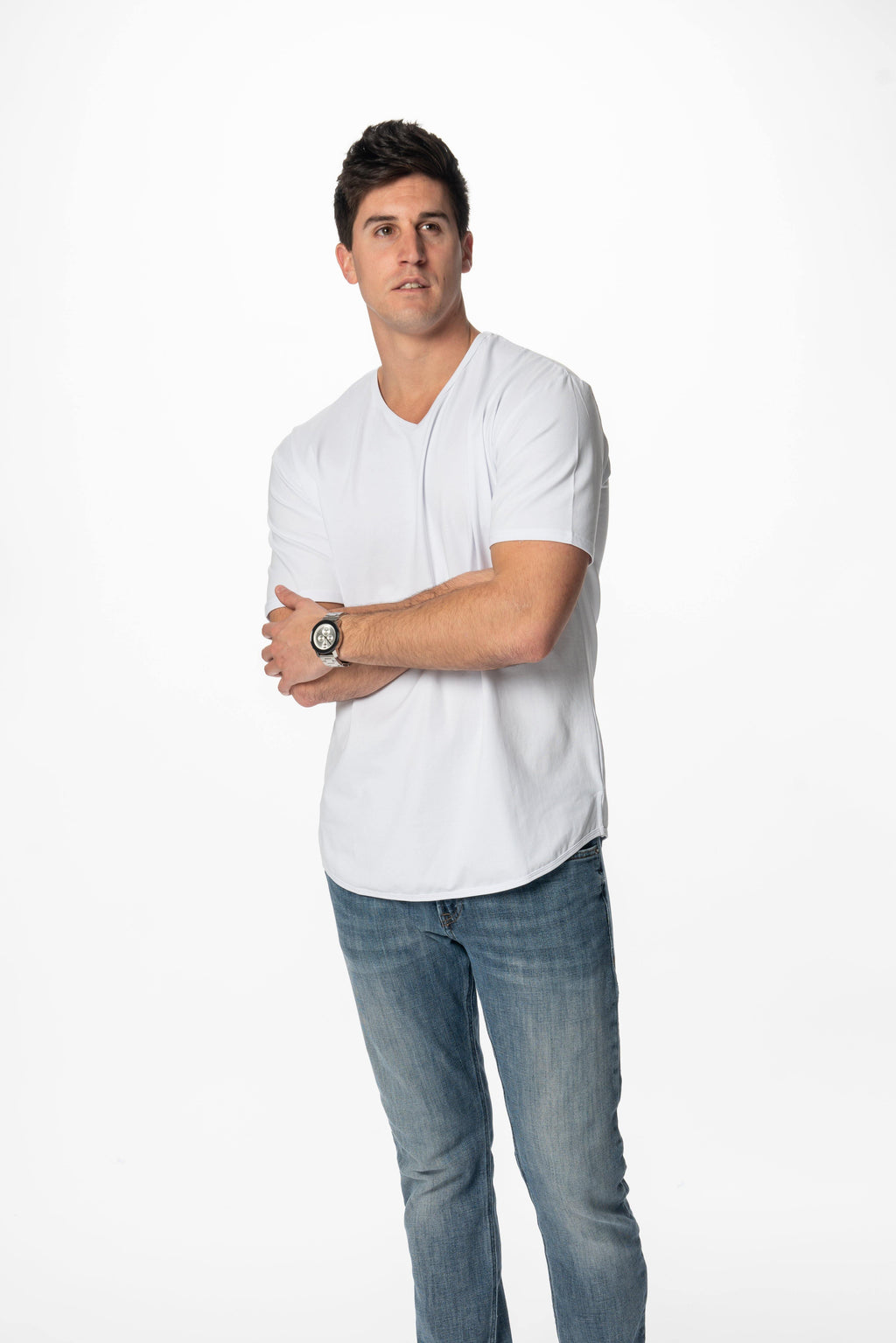 Curve-Split V-Neck T-Shirt: Khaki Green