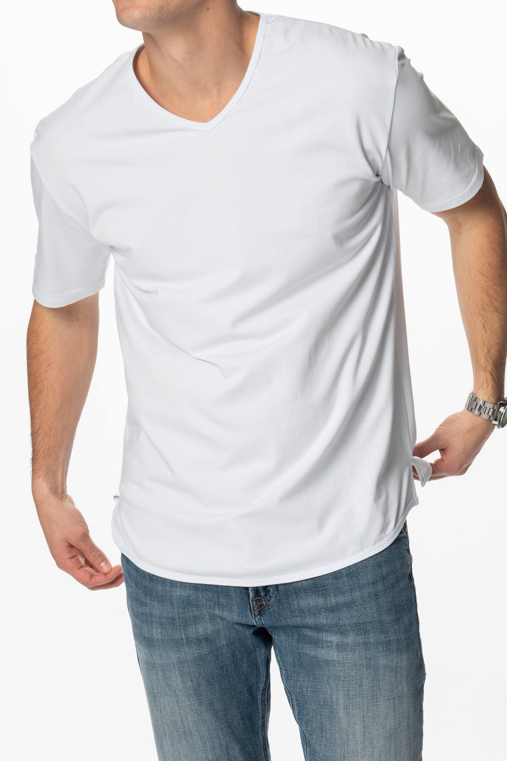 Curve-Split V-Neck T-Shirt: Khaki Green
